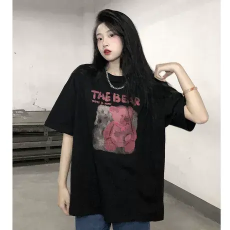 大码200斤宽松显瘦遮肉正肩短袖t恤女装夏季胖mm黑色小众半袖上衣商品大图