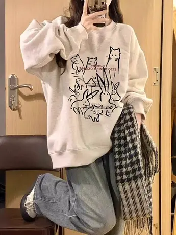 胖mm大码印花长袖圆领卫衣女春秋季打底衫时尚百搭上衣服2-300斤商品大图