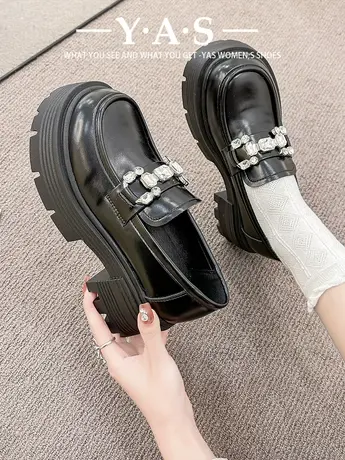 厚底乐福鞋女2023春季新款百搭法式复古高跟水钻黑色英伦风小皮鞋商品大图