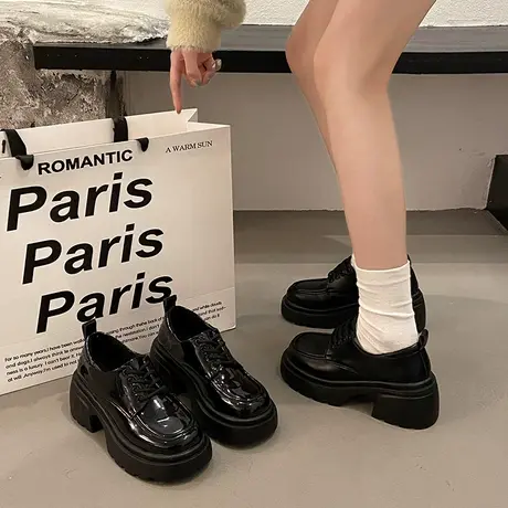 黑色厚底英伦风小皮鞋女2024春秋百搭复古女鞋系带单鞋粗跟乐福鞋图片