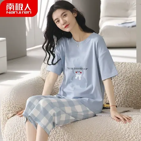 睡衣女夏季夏款女款 纯棉 短袖女士薄款夏天七分裤套装清丽家居服商品大图