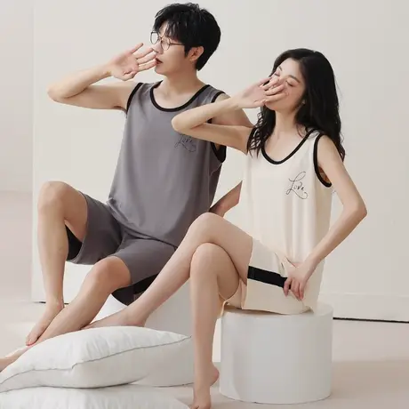 情侣睡衣夏季 纯棉 男士女款夏天背心短裤无袖套装清爽家居服夏款商品大图