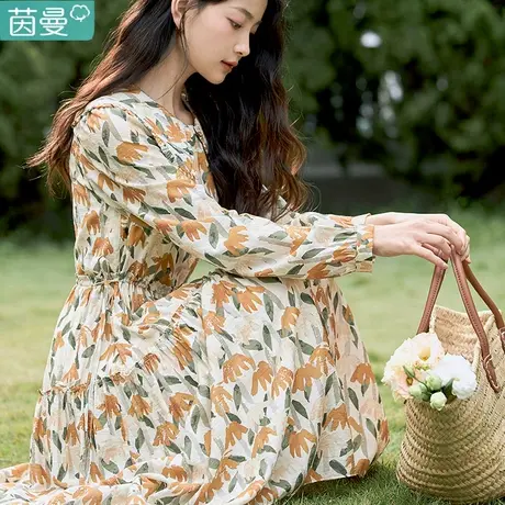 茵曼旗舰店2023春女装新款田园复古印花抽绳收腰显瘦翻领连衣裙图片