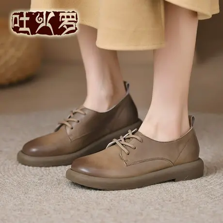 Tokharoi2023新款英伦风女单鞋厚底简约百搭小皮鞋春秋系带女鞋商品大图