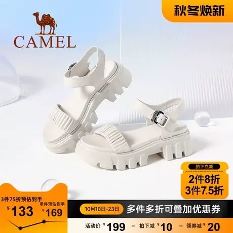 骆驼女鞋夏季新款百搭真皮中跟厚底凉鞋女一字带粗跟凉鞋女图片