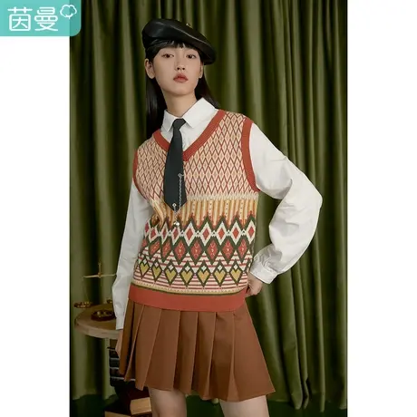 茵曼旗舰店2023年春季新款女尖领复古格纹拼接假两件宽松套头毛衣图片