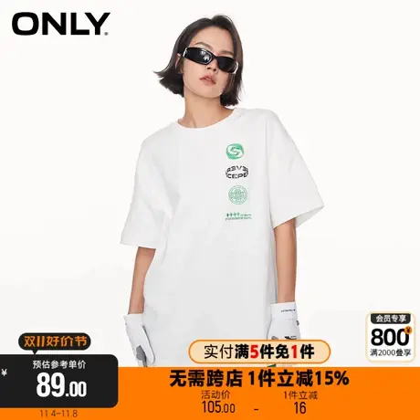 【买5免1】ONLY时尚运动风刺绣圆领宽松落肩袖T恤女|123201084商品大图