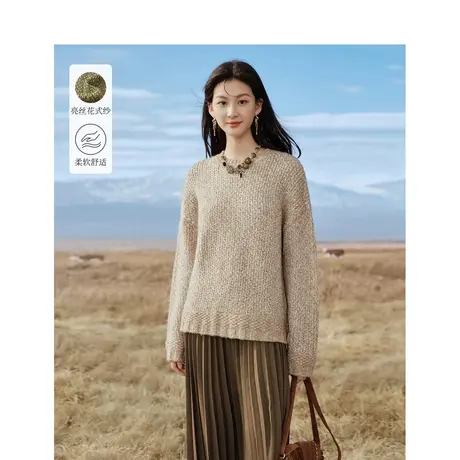 茵曼亮丝花式纱毛衣2023冬季女装新款厚款圆领长袖宽松套头针织衫商品大图