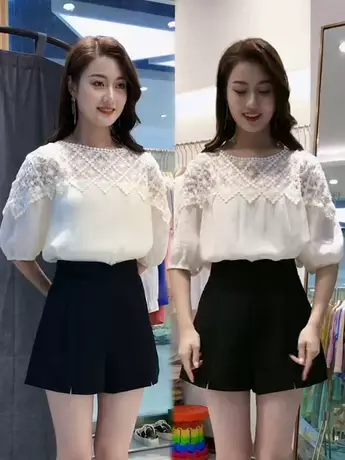设计感小众蕾丝短袖上衣女2023夏季新款气质显瘦减龄时尚百搭衬衫商品大图
