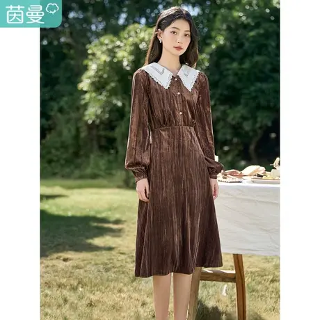 茵曼2023春装新款复古绣花娃娃领长袖连衣裙丝绒气质高腰连衣裙女商品大图
