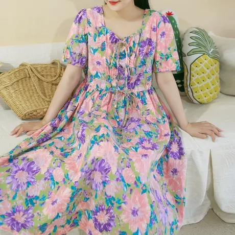 胖妹妹夏季2023新品雪纺油画印花连衣裙 加大码收腰短袖显瘦长裙商品大图