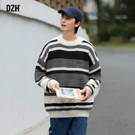 男士慵懒风条纹毛衣男秋季宽松上衣男装2023新款爆款针织衫毛线衣商品大图