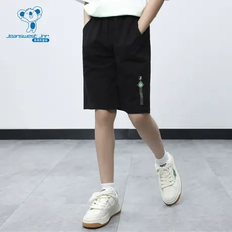 JJ真维斯童装裤子夏季款 男童平纹印花黑色纯棉运动短裤图片