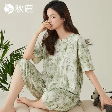 秋鹿【商场新款】睡衣薄款女夏季纯棉短袖七分裤可外穿家居服商品大图
