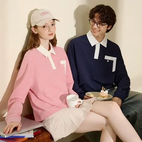 唐狮长袖Polo衫春秋季情侣男士撞色拼接有带翻领t恤女情侣装商品大图