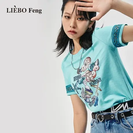 裂帛LIEBOFeng2023年新款民族风设计款印花镂空刺绣短袖T恤商品大图