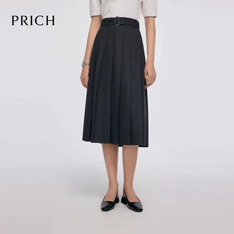 PRICH时尚简约百褶A字半身裙2025秋季新款气质腰带收腰中长裙女商品大图