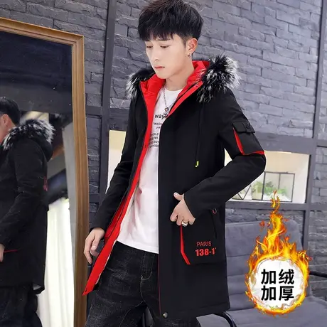 风衣男韩版潮流中长款加绒加厚夹克青少年学生2023秋冬季棉衣外套商品大图