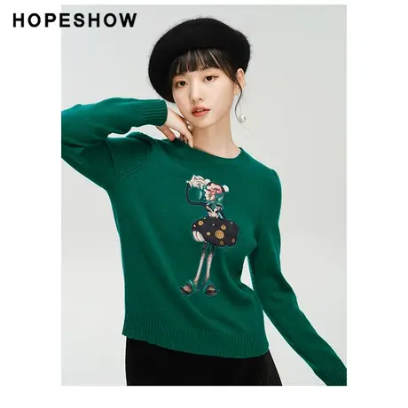红袖outlets主题绣花套头针织衫hopeshow2023冬款洋气圆领毛衣女商品大图