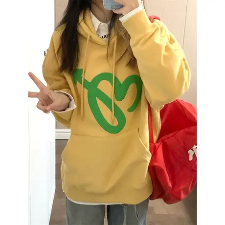 ins超火黄色连帽卫衣女早秋薄款宽松显瘦chic复古港味外套上衣潮图片