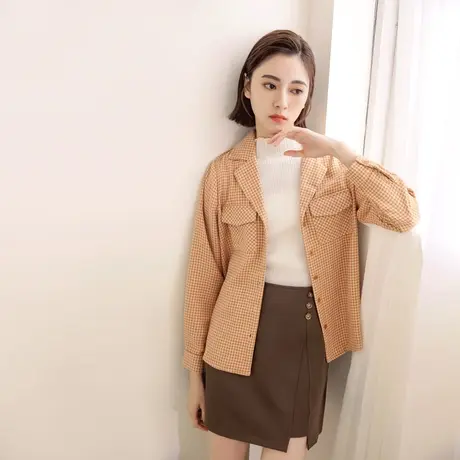 桔熊秋冬季复古千鸟格纹口袋西装领衬衫小外套上衣女大码AB17807图片