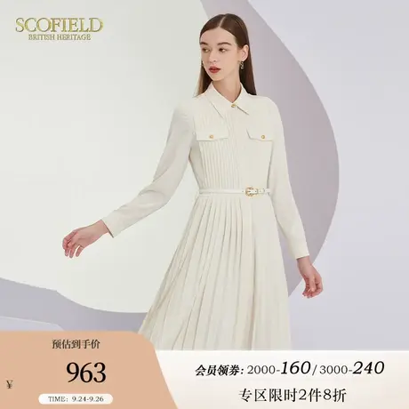 Scofield女装白色连衣裙优雅长袖百褶中长款优雅气质雪纺衬衫裙图片