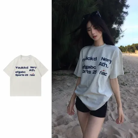 美式新款学院风字母印花短袖t恤女2025夏季百搭白灰色宽松上衣潮商品大图