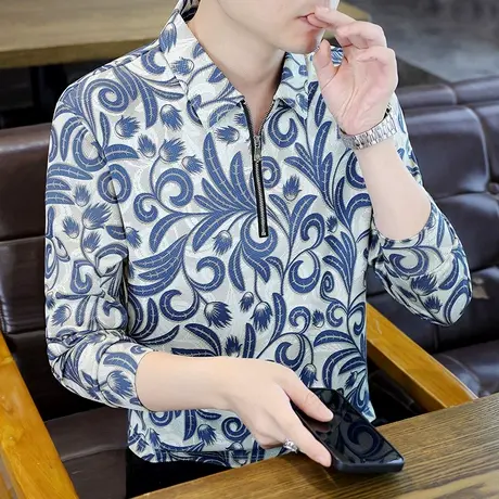 欧货男士翻领长袖T恤秋季时尚潮牌半拉链卫衣潮流百搭印花打底衫图片