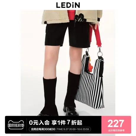 乐町pu裤子女2023春季黑色休闲短裤C1GCD1102商品大图