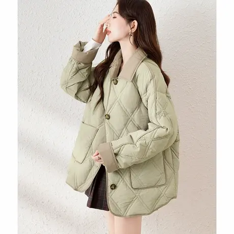 【防水】唐狮撞色初冬轻薄羽绒服女款2024新款拼接短款菱格外套图片