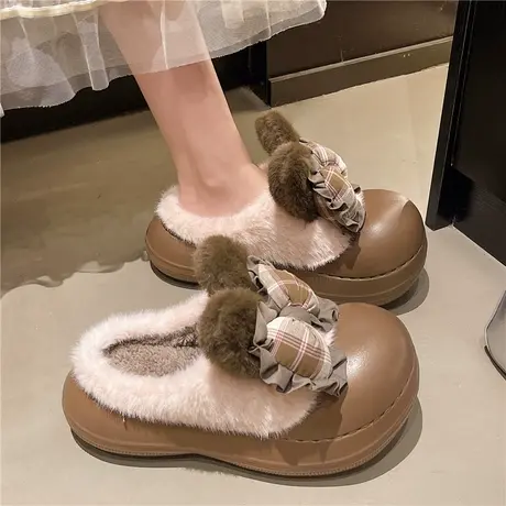 可爱蝴蝶结兔耳朵毛毛拖鞋女冬季室内居家加绒保暖厚底棉拖鞋外穿商品大图