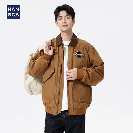 hansca320g底特律工装夹克男秋季复古宽松撞色翻领贴布大口袋外套商品大图