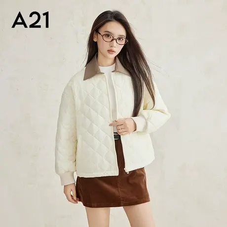 A21女装梭织宽松翻领落肩开襟短棉服复古菱格时尚夹克短款外套商品大图