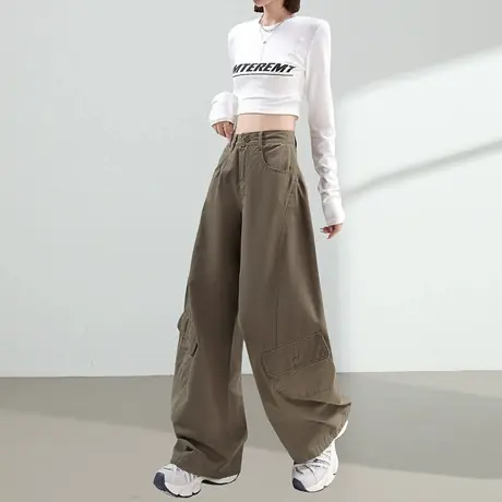 美式辣妹工装裤女秋季新款高腰宽松垂感显瘦弯刀裤百搭拖地阔腿裤图片