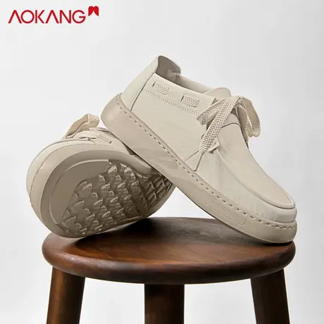 奥康2026新款休闲板鞋男鞋浅色软底轻便系带老钱风豆豆鞋简约潮鞋图片