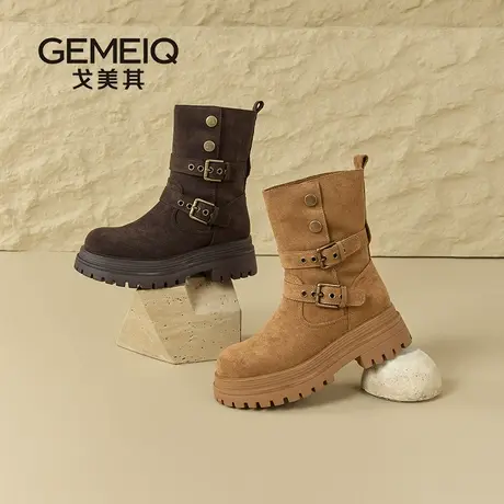 戈美其西部牛仔靴女2025新款复古中筒靴厚底皮带扣机车靴绒面短靴图片