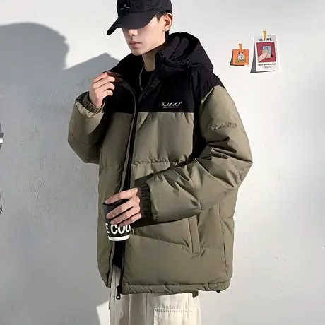 唐狮冬季新款连帽男羽绒服加厚撞色休闲面包服短款拼接外套潮TD商品大图