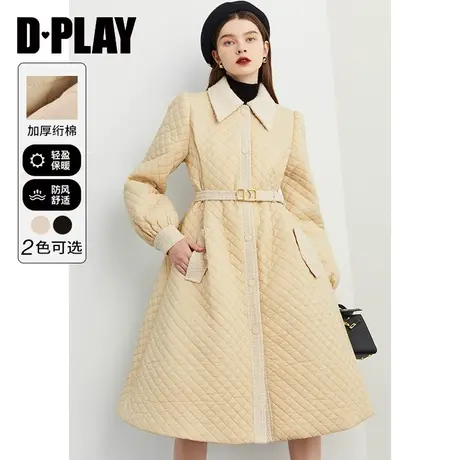 DPLAY冬新气质通勤风亮丝粗花呢拼接菱格大摆加厚绗棉长外套商品大图