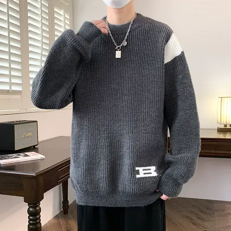 圆领毛衣男士秋冬季新款加厚保暖毛线衣潮牌拼接慵懒风打底针织衫商品大图