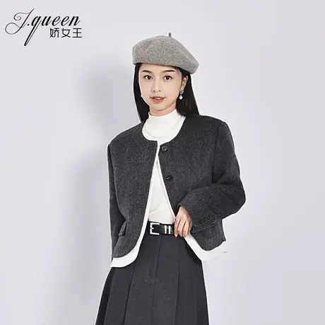 羊毛呢短外套女秋冬季新款气质高级感拼接圆领小个子双面呢子上衣图片