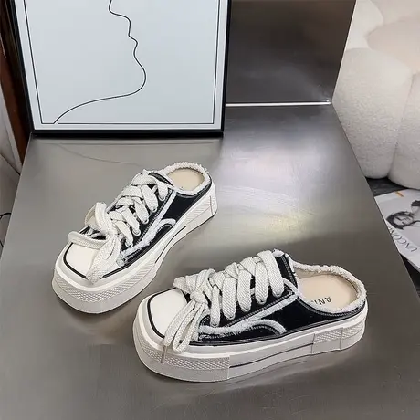 包头半拖鞋女夏外穿2023新款高级感厚底增高懒人半托小白帆布板鞋商品大图