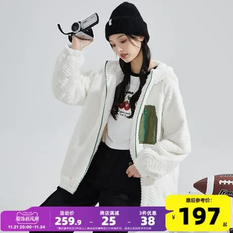 唐狮秋冬新款女外套拼接仿兔毛连帽加绒加厚青少年保暖潮酷上衣DY图片