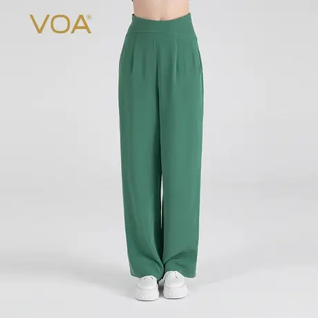 VOA30姆米重磅桑蚕丝自然腰侧插袋垂顺挺括碧绿色真丝直筒长裤图片
