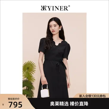 YINER音儿女装2023夏季新款时尚V领钉珠收腰A字裙连衣裙图片