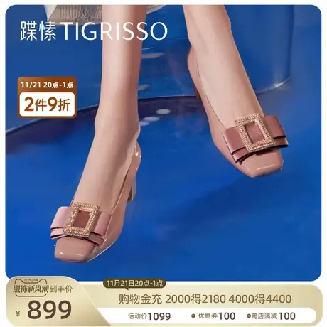 蹀愫粗高跟方头方扣芭比蝴蝶结通勤漆皮单鞋女TA43116-14t图片