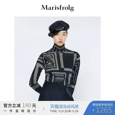 玛丝菲尔打底衫秋冬纯羊毛黑色高领复古碎花针织衫女商品大图