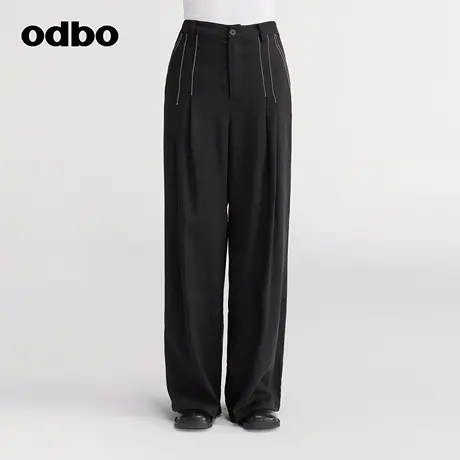 odbo 原创设计感明线装饰黑色休闲裤女夏季新款直筒长裤子商品大图