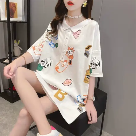 设计感小众短袖t恤女夏韩版宽松大码女装中长款翻领polo衫上衣服图片