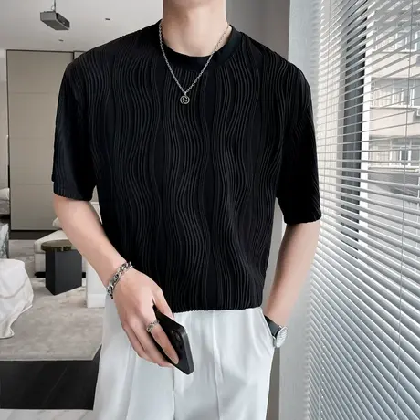 夏季男t恤上衣服装短袖宽松半袖潮流波浪条纹圆领体恤半截袖体恤图片