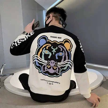 秋季男士拼色拼接刺绣虎头卫衣外套上衣修身长袖套头潮流圆领运动图片